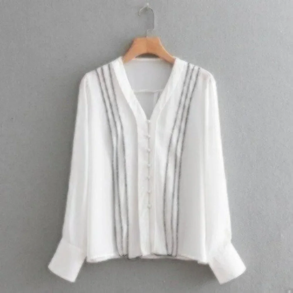 ZARA Black White Sheer Pleated V-Neck Top XS